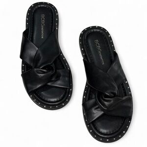 BCBGeneration Zexanna Rhinestone Silver Studded Knot Slides in Black